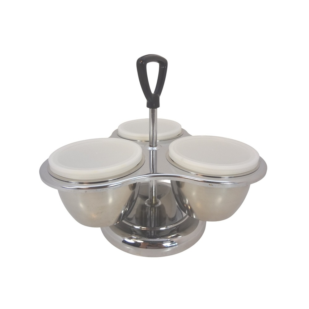 Condiment Server Stainless Steel Good 3-Bowl Rotating Caddy Plastic Inserts Lids